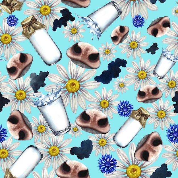 Seamless pattern with noses of dairy cows milk and wildflowers Hand drawn watercolor illustration