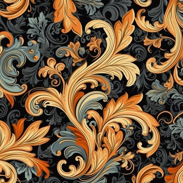 a seamless pattern with orange and blue swirls on a black background generative ai