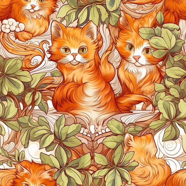 Seamless pattern with orange cats and green leaves on a white background generative ai