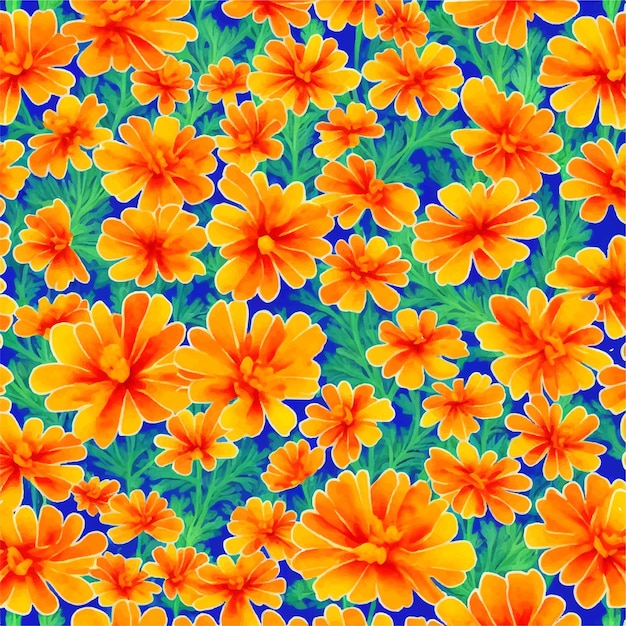 青色の背景にオレンジ色の花のシームレスなパターン