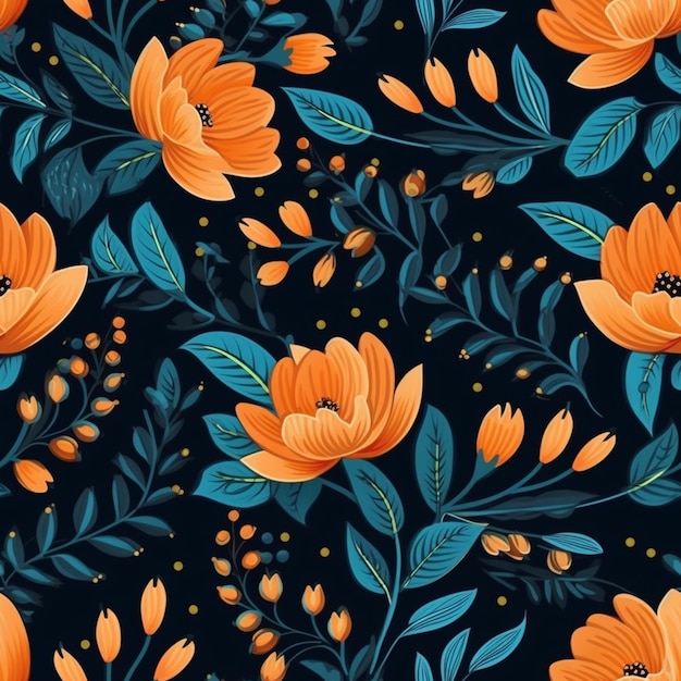 A seamless pattern with orange flowers and leaves on a dark background.