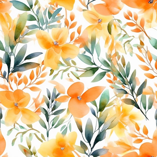 A seamless pattern with orange flowers and leaves on a white background.