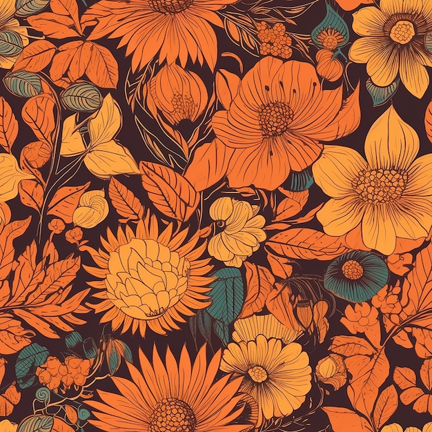 オレンジ色の花と葉のシームレスなパターン。