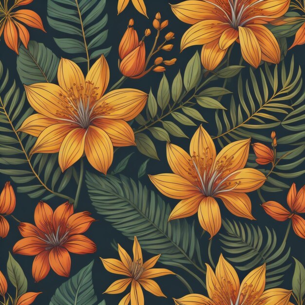 A seamless pattern with orange flowers and leaves