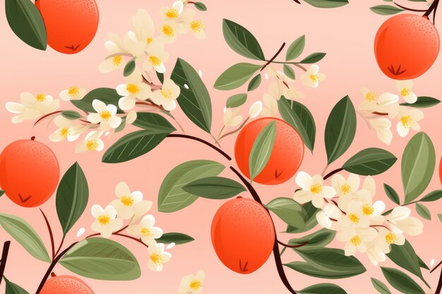 seamless pattern with orange fruits and flowers on a pink background