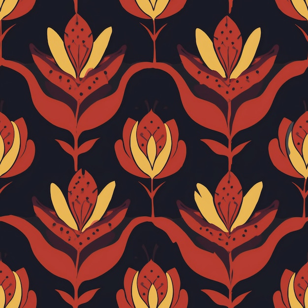 A seamless pattern with orange and yellow flowers on a dark background.