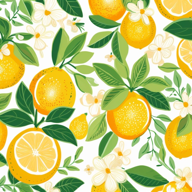 Seamless pattern with oranges and flowers on a white background generative ai