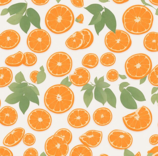 Seamless pattern with oranges and leaves on a white background