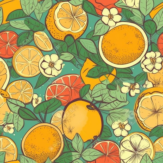 Seamless pattern with oranges and lemons on a blue background.