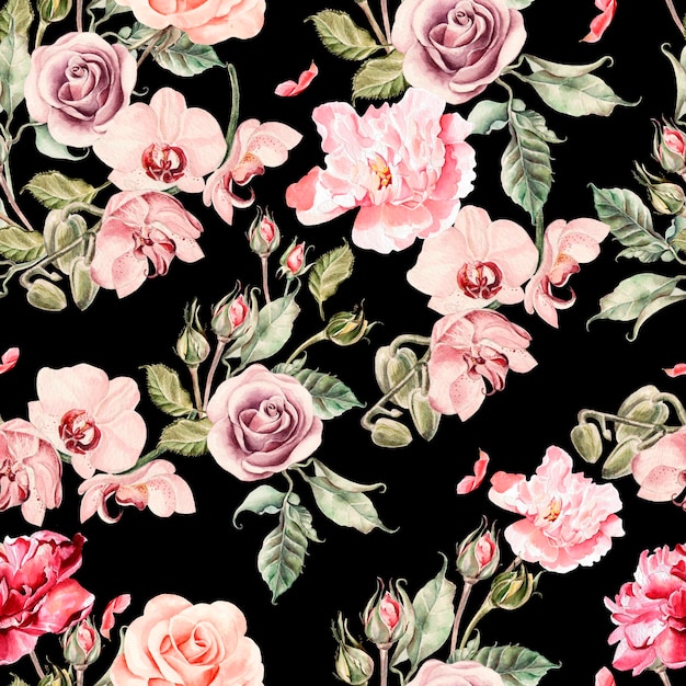 Seamless pattern with orchid flowers roses peony and leaves