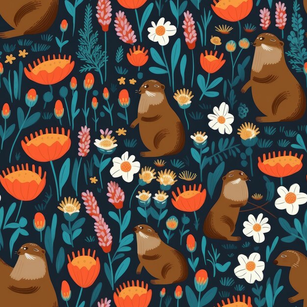 Seamless pattern with otters and flowers on a dark background.