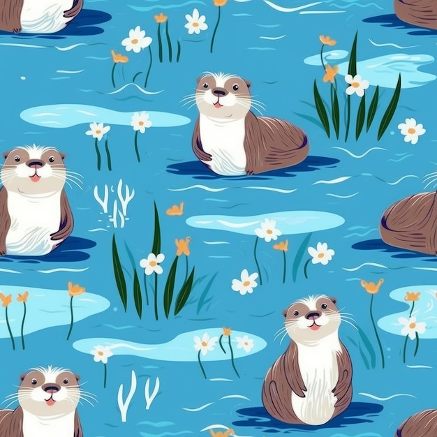 Seamless pattern with otters in a pond.