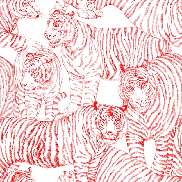 Seamless pattern with painted in gouache tigers in vintage style