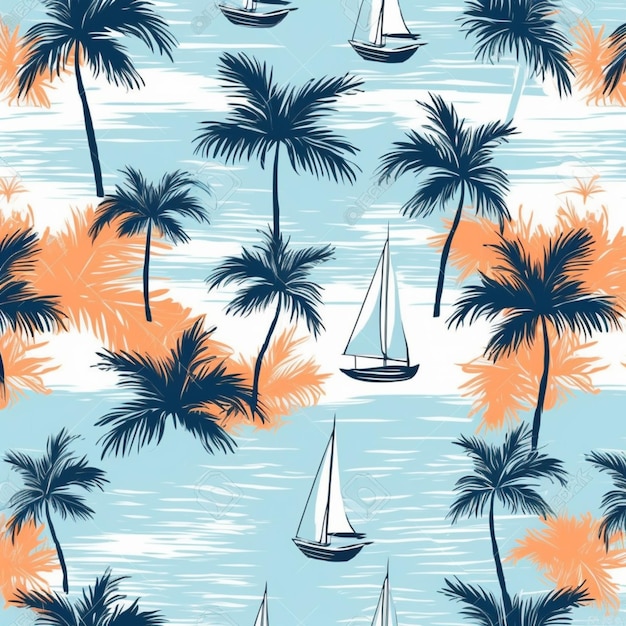 A seamless pattern with palm trees and sailboats on a blue background generative ai