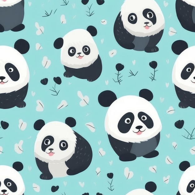 A seamless pattern with pandas on a blue background.