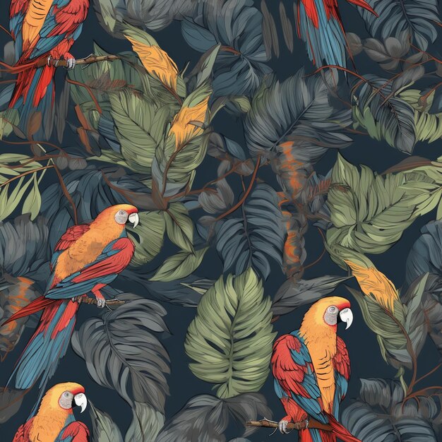 Seamless pattern with parrots on a dark background.