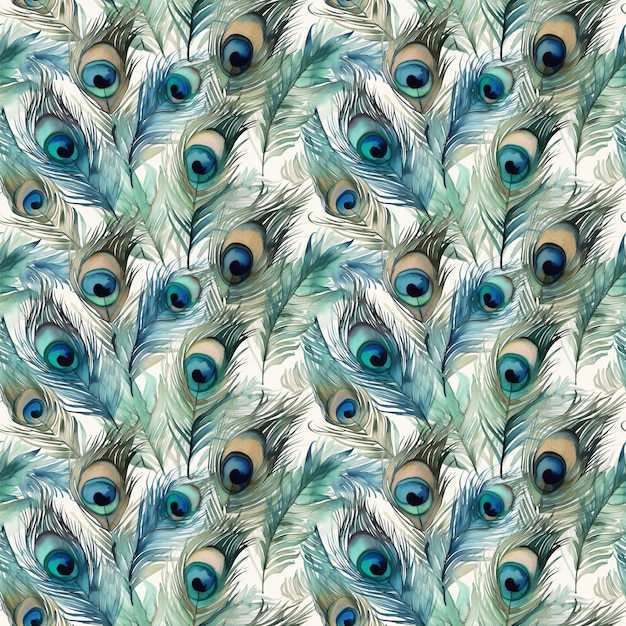 Photo seamless pattern with peacock feathers on a white background.