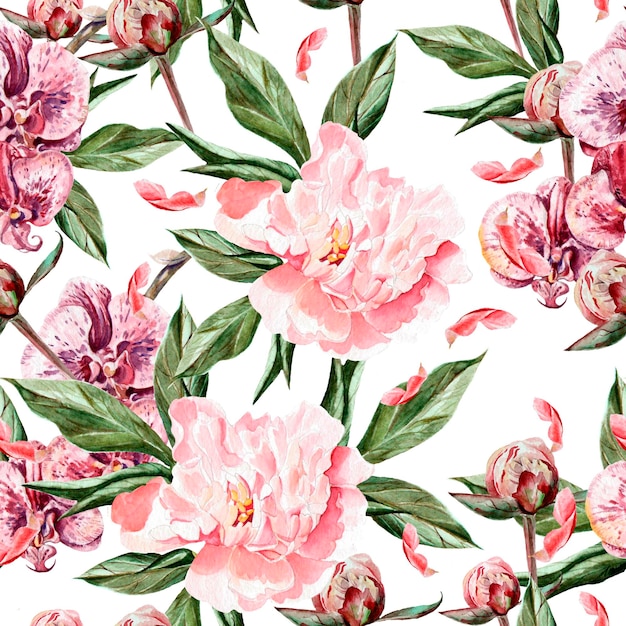 Seamless pattern with peonies orchid flowers and leaves