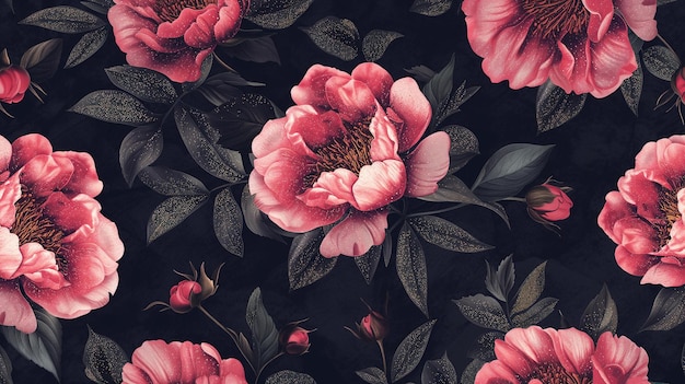 Seamless pattern with Peony flowers and leaves Vector illustration