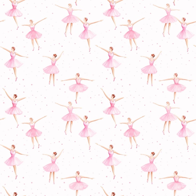 Seamless Pattern with Pink Ballerinas on Watercolor Background