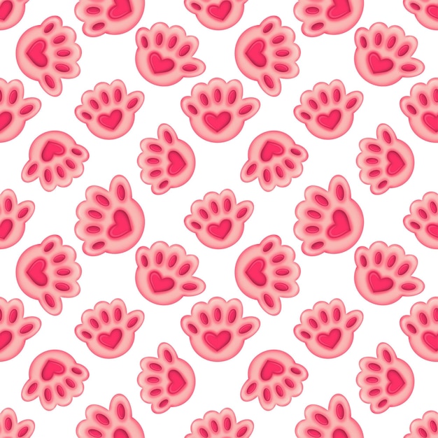 Photo seamless pattern with pink cat paw with heart