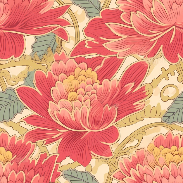 Seamless pattern with a pink flower art nouveau inspired style light crimson and yellow fine feather details midcentury sunkissed palettes woodcutinspired graphics