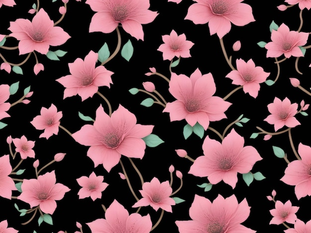 Seamless pattern with pink flowers on a black background