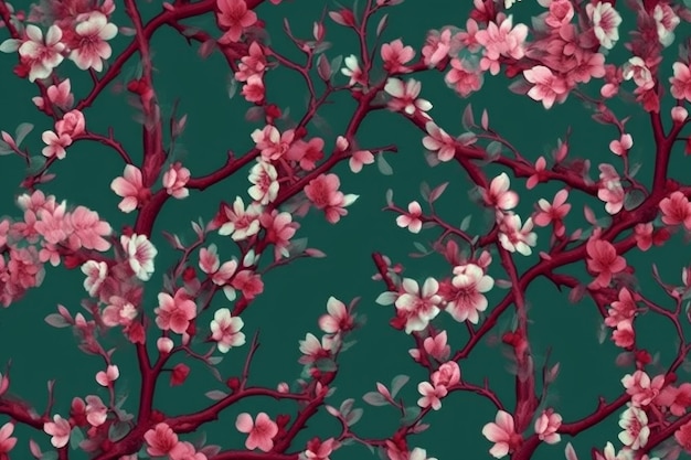 A seamless pattern with pink flowers and branches with pink flowers.