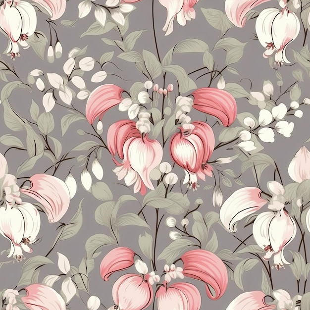 A seamless pattern with pink flowers and leaves on a gray background.