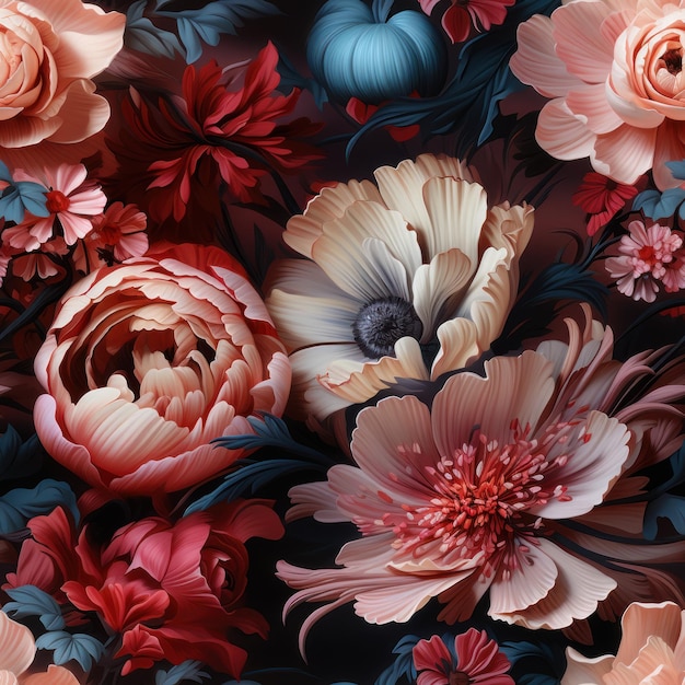 Бесшовный рисунок с розовыми цветами в стиле цветочного барокко гиперреалистических обоев
