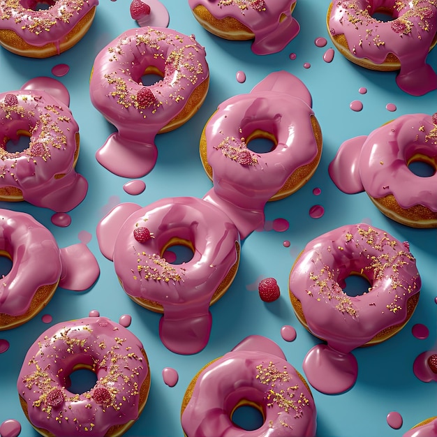 Seamless pattern with pink glazed donuts on blue background