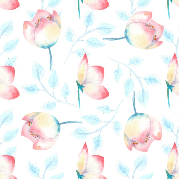 Seamless pattern with pink hellebore flowers, buds, leaves, decorative twigs on white isolated . Watercolor illustration, handmade.