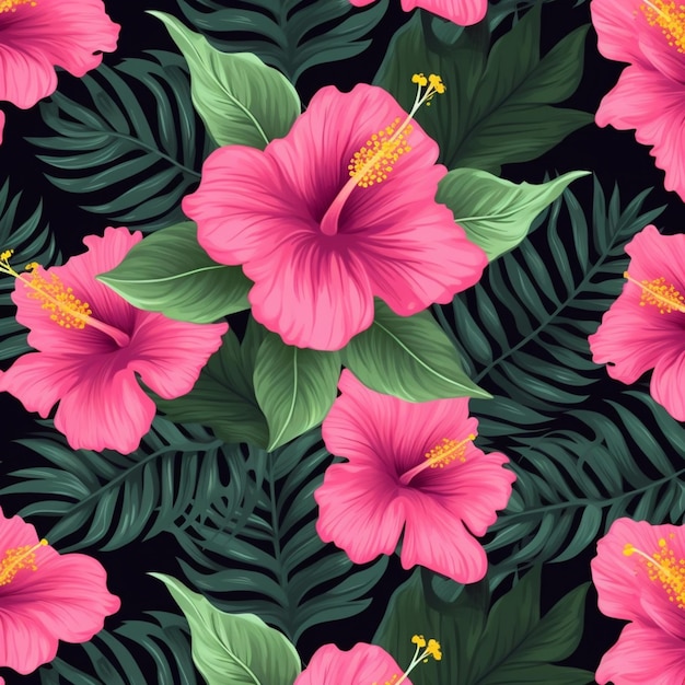 Seamless pattern with a pink hibiscus flowers on a black background.