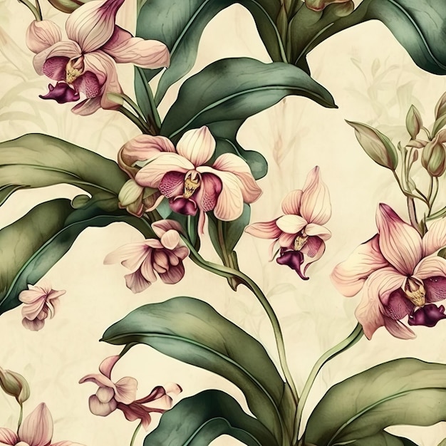 A seamless pattern with pink orchids and green leaves.