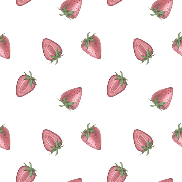 Seamless pattern with pink strawberries on a pink background with watercolor colored spots