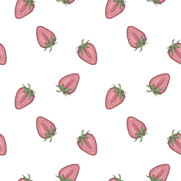 Seamless pattern with pink strawberries in a whole form and in a section on a white background