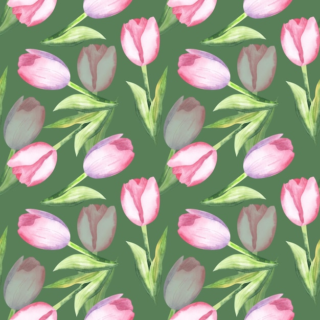 Photo seamless pattern with pink tulips watercolor spring floral hand drawn illustration for fabric design