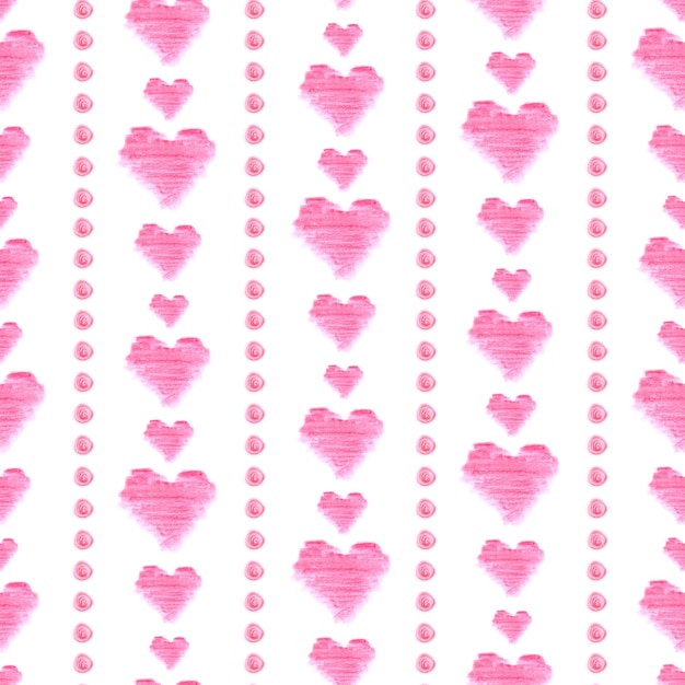 Seamless pattern with pink watercolor hearts on white background Hand drawn elements