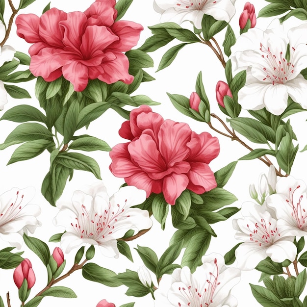 Seamless pattern with a pink and white flowers on a white background.