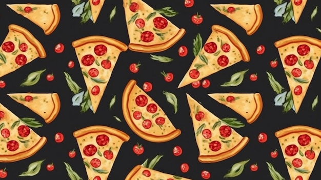 A seamless pattern with pizza and green leaves on a black background.