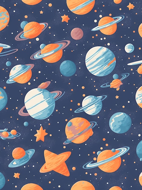 A seamless pattern with planets and stars on a dark background.