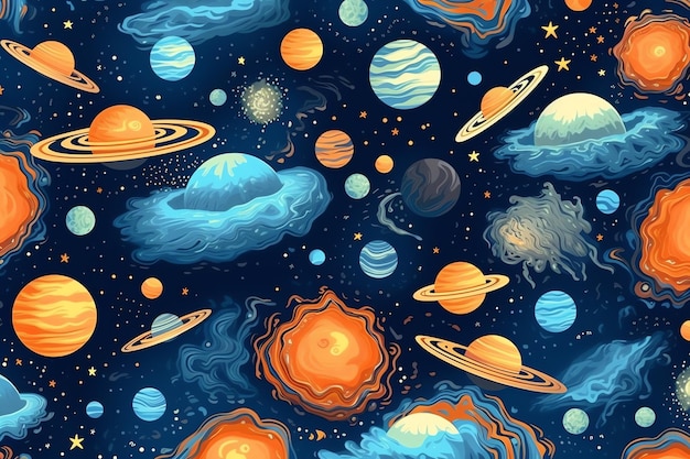 A seamless pattern with planets and stars on a dark background