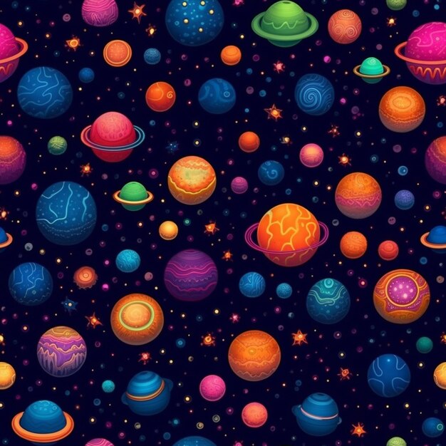 Photo seamless pattern with planets and stars on a dark background.