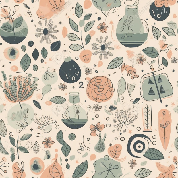 A seamless pattern with plants and flowers.