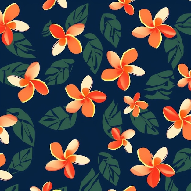 Photo seamless pattern with plumeria flowers on a dark blue background.