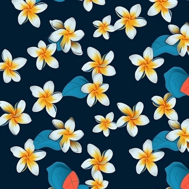 Seamless pattern with plumeria flowers on a dark blue background