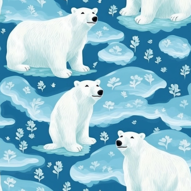 A seamless pattern with polar bears on ice and flowers.