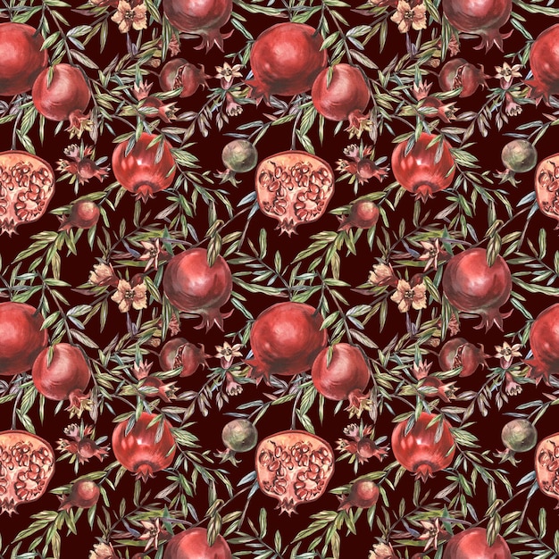 Seamless pattern with pomegranate fruits and seeds on white background