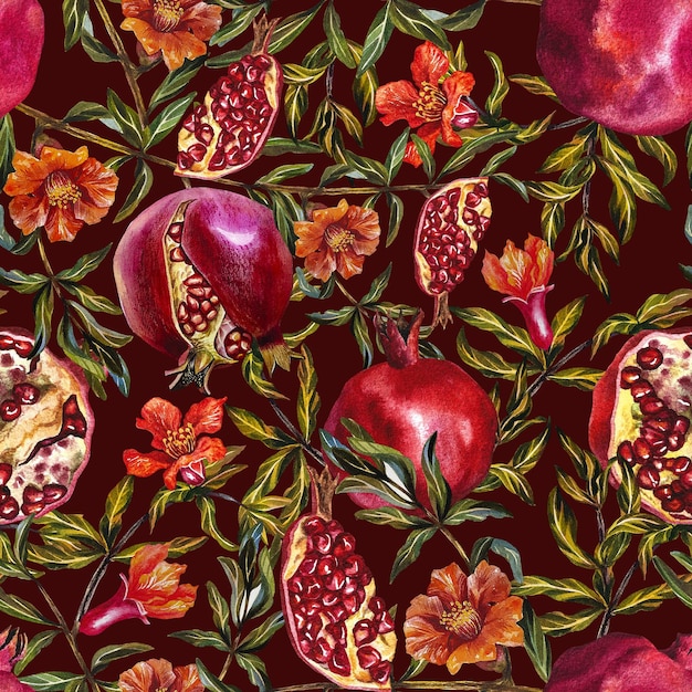 Seamless pattern with pomegranate. Watercolor illustration.