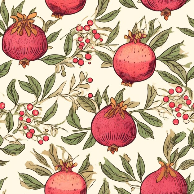 Photo seamless pattern with pomegranates and leaves on a white background generative ai